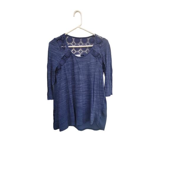 LED Luxe Essentials Denim Lace Detail Cutout Heather Navy Blue Maternity Top SM - Picture 1 of 5